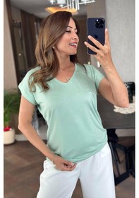 Resim Tam12den Kadın V Yaka Basic Pamuklu T-shirt Mint Yeşili Mint Yeşili 