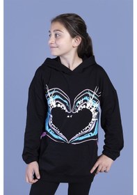 Resim Toontoy Kız Çocuk Kapüşonlu Kanguru Cepli Baskılı Sweatshirt Siyah 