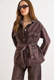 Resim Olalook Kadın Kahverengi Kuşaklı 4 Cepli Denim Ceket CKT-19000503 