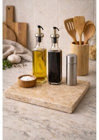Resim Doğal Traverten Mermer Sunumluk & Çok Amaçlı Tepsi 25 X 20 Cm El Yapımı Premium Servis Tepsisi Bej 