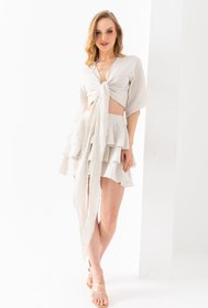 Resim 100% Organik Pamuk Taş Siyah Kruvaze Yaka Bolero - Taş / XL-2XL 