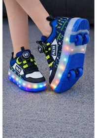 Resim Erkek Çocuk Işıklı Patenli Ayakkabı Tekerlekli Kaykaylı Spor Sneaker Led Taban Siyah 