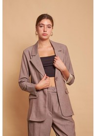 Resim Ekoseli Yakalı Kolu Katlamalı Cep Kapaklı Boyfriend Hafif Likralı Kumaş Blazer Ceket-bej Bej 