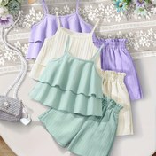 Resim 3 Parça Set, Çok Renkli Kız Çocukları için Yazlık Kıyafet Düz Renk Dalgalı Çizgili Katmanlı Etek Kenarı, Günlük Polyester Kumaş, Kolsuz Tank Top ve Şortlar, Bol Kesim, %100 Polyester, Dış Mekan İçin Uygun, Mükemmel 