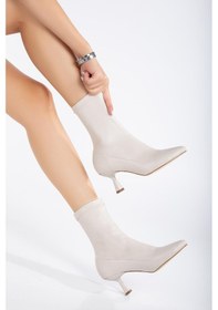 Resim Büyük Numara Kadın Topuklu Bot Bej Streç Yassı Topuklu-3247 Bej 