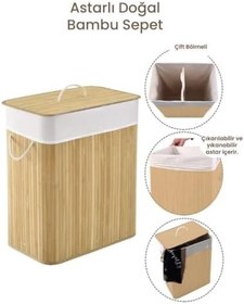 Resim Jouis Çamaşır Sepeti Doğal Bambu Katlanabilir Kirlilik, Yıkanabilir Çıkarılabilir Astar Torbalı, Sele Görünümlü Şık ve Dayanıklı Çamaşır Sepeti, Kapaklı ve Ergonomik Tasarım (2 Bölmeli) 