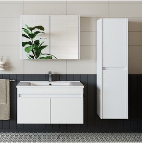 Resim banos Roomart Tm3 Ayaksız 2 Kapaklı Lavabolu Beyaz Mdf 85 Cm Banyo Dolabı Aynalı Üst Dolap Boy Dolabı 