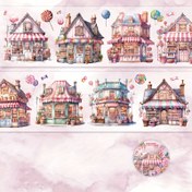 Resim Sweet Shop PET Dekoratif Bant - Şeker Temalı Binalar ve Balonlarla Kaplı Fantezi Fantastik Tema, Günlükler, Scrapbooklar ve El İşleri için 2 Metre Rulo, Scrapbooking Aksesuarı | Oynak Estetik | Temalı Bant Tasarımı 