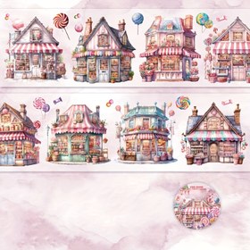 Resim Sweet Shop PET Dekoratif Bant - Şeker Temalı Binalar ve Balonlarla Kaplı Fantezi Fantastik Tema, Günlükler, Scrapbooklar ve El İşleri için 2 Metre Rulo, Scrapbooking Aksesuarı | Oynak Estetik | Temalı Bant Tasarımı 