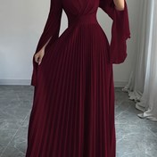 Resim Şık V-Neck Fırfırlı Kollu Maxi Elbise - Derin Kırmızı, Kabarık Kollu Uzun Akışlı Elbise, Partiler ve Resmi Etkinlikler İçin Mükemmel, Resmi Kıyafet|Fırfır Detayı|VYaka 