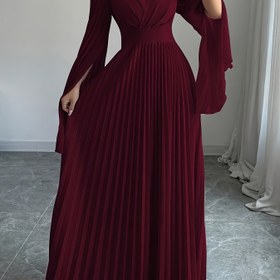 Resim Şık V-Neck Fırfırlı Kollu Maxi Elbise - Derin Kırmızı, Kabarık Kollu Uzun Akışlı Elbise, Partiler ve Resmi Etkinlikler İçin Mükemmel, Resmi Kıyafet|Fırfır Detayı|VYaka 