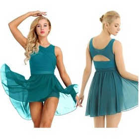 Resim Kadın Dans Kostümleri V Yaka Asimetrik Etek Bale Strenç Dansçı Çağdaş Elbiseler Yeşil 