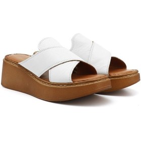 Resim Gönderi R Beyaz Dolgu Taban Hakiki Deri Terlik Bej - Beyaz - Kırmızı 