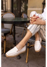 Resim Palmer Kadin Altın Gercek Deri Espadril Ayakkabi Beyaz 