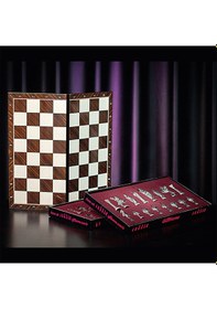 Resim Gifthome Battal Boy Metal Roma Satranç Takımı Antik Ve Katlanır Ceviz Desenli Mdf Satranç Tahtası 43x43 Cm. 