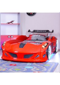 Resim Arabalı Yatak, Jaguar Rüzgarlıklı Full Ledli Arabalı Yatak - Kırmızı 1 Adet Comfort Yatak 