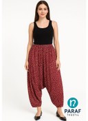 Resim Kadın Yukardan Ağlı Rahat Kalıp Muhtelif Renk Desenli Dokuma Kumaş Köy Şalvarı Çok Renkli 