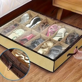 Resim 1 adet Katlanabilir 12 Bölmeli Ayakkabı Saklama Organizatörü | Toz Geçirmez PVC ve Dokusuz Kumaş | Kolay Görünürlük için Şeffaf Tasarım | Dolap, Yatak Altı veya Seyahat Kullanımı İçin İdeal | Elde Y 