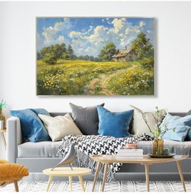 Resim Yağlı Boya Dokulu Tablo Yeşil Doğa Ve Köy Evleri Manzarası Gümüş Çerçeveli U06042-179007 