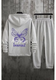 Resim Unisex Butterfly & Letter Graphic Baskılı Eşofman Takımı Gri 