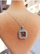 Resim Firuze Gümüş Dikdörtgen Yeşil Taşlı Gümüş Kolye F1600902 