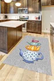 Resim Viva Home Gri Demlik Desenli Makinede Yıkanabilen Kaymaz Taban Mutfak Halısı, Gri, 80 X 180 