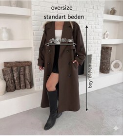Resim timagna Kadın Premium Trençkot Çizgili Desen Trend Uzun Dış Giyim Trençkot 