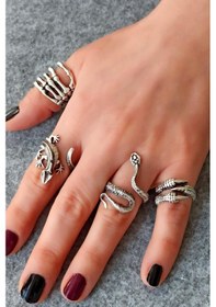 Resim Antik Gümüş Kaplama Pençe - Yılan - İskelet - Kertenkele Şekilli Ayarlanabilir Yüzük Seti 