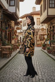 Resim MAKSEN TEKSTİL Viskon Kumaş Kuşaklı Geometrik Desenli Kadın Bağlamalı Siyah Kimono 