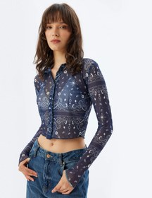 Resim Yarı Transparan Tül Crop Gömlek Floral Desenli Uzun Kollu 