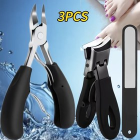 Resim 3 Parça Sağlam Erkek ve Yetişkin Tırnak Bakım Seti - Ergonomik Saplı Ortopedik Paslanmaz Çelik Makas + Tırnak Törpüsü, Kalın Ayak Tırnakları İçin Uygun, Modern Siyah Tasarım, Manikür Aletleri 