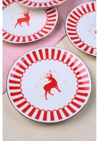 Resim Tabak Evi Porselen Altın Yaldızlı Geyik Pasta Tabağı 20,50cm 6 Lı Çok Renkli 