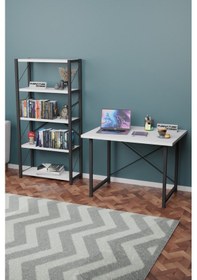 Resim Metal Kitaplık 5 Raflı + 60x90 Cm Çalışma Masası Beyaz 
