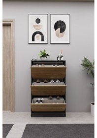 Resim Mirobi Kembe 3 Bölmeli Açılır Modern Dekoratif Ayakkabılık An... Antrasit - Atlantik Çam 