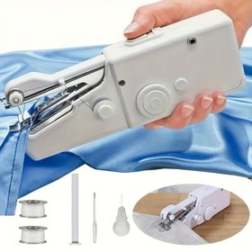 Resim El Tipi Dikiş Makinesi Mini Dikiş Makineleri, Taşınabilir Dikiş Makinesi Kumaş, Kumaş, Giyim İçin Hızlı El Aleti (Pil Dahil Değil, Kendi Hazırladığı 4 AAA Pil) 