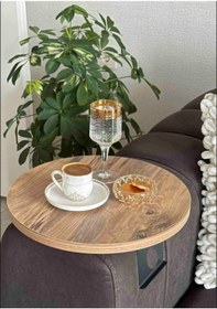 Resim Açık Ceviz Yan Sehpa Koltuk Yanı Sehpa Kolda Ayarlanabilir Tepsi 