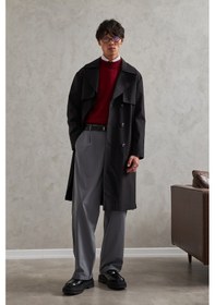 Resim Erkek Kruvaze Yaka Oversize Trençkot Siyah 