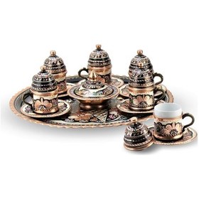 Resim Gül Çiçek Bakır Kahve Takımı 