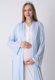 Resim Hamile Gecelik ve Sabahlık - Lohusa Gecelik Seti, Çizgili Sabahlıklı Dantelli Kısa Kol Pamuklu - 2317 - Mavi / XXL / Terlik ve Taç Seti İstiyorum +300₺ 