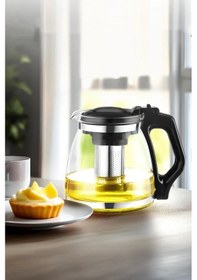 Resim Isıya Dayanıklı Büyük Cam Demlik 1700 Ml Kapasiteli, Çelik Süzgeçli Ve Kapaklı Tasarım Şeffaf 