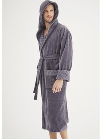 Resim Yaka Jakarlı %100 Cotton Erkek Bornozu Gri 