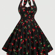 Resim Kadınlar için Vintage Kiraz Baskılı Boyun Bağlamalı Elbise - Siyah Kırmızı ve Yeşil Renkli Vücuda Oturan Göğüs Bölmesi ile Geniş Etekli A Kesim, Makinede Yıkanabilir Şık Parti Elbisesi Günlükten Resmi Törenlere Uygun 