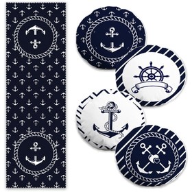 Resim Lacivert Denizci Desenli Çapa ve Dümen Tasarımlı 4 Yuvarlak Kırlent 1 Runner Seti 