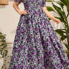 Resim Bahar ve Yaz için Kadınlar için Büyük Beden Çiçek Desenli Beli Lastikli Elbise, Tatil Kısa Kollu Büzgülü Maxi Elbise, Büyük Beden Giyim 