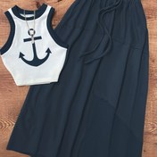 Resim Günlük Moda Kadın Çapa Baskılı Yuvarlak Yaka Kolsuz Bağcıklı Beli Yarım Etek Takımı İki Parça 