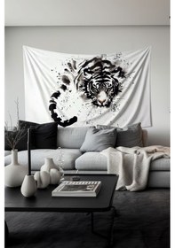 Resim Beyaz Kaplan Desenli Duvar Halısı Duvar Örtüsü Tapestry Süet Dokulu Kumaş 