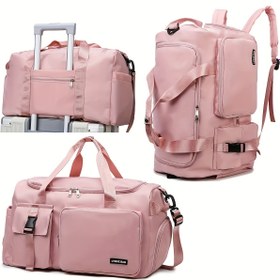 Resim Islak/Kuru Bölümleri, Ayakkabı Depolama ve Çoklu Cepleri Olan Pembe Çok Fonksiyonlu Spor Çantası - Kadınlar için Çok Yönlü Seyahat ve Fitness Duffel Sırt Çantası 