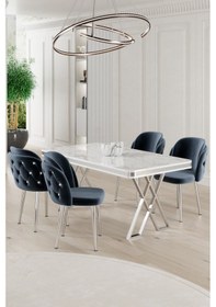 Resim Canisa Rigel Serisi 80x130 Lak Panel Beyaz Mermer Desen Masa Takımı Krom Ayaklı 4 Antrasit Sandalye Masa Beyaz Mermer Desen Sandalye Antrasit 