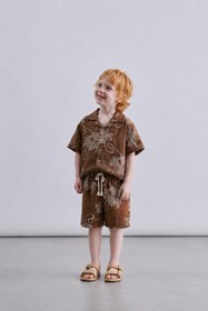 Resim Tifina Kids Erkek Çocuk 2'li Takım Kabartma Baskılı Müslin Gömlek ve Şort Günlük Özel Günler Yazlık 