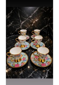 Resim 6 Lı Gold Çiçek Desenli Porselen Kahve Fincan Takımı Balsa Sunumluk, Şık & Lüks Seri Sarı - Çok Renkli 